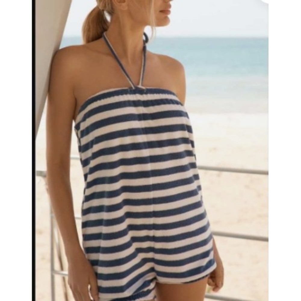Anthropologie Chillax Rompers Terry Cloth Bloomers Size Large Blue White Stripe